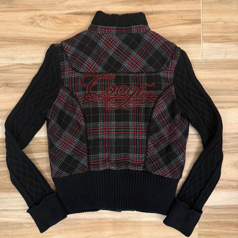 Coogi Plaid Wool Blend Cable Knit Sleeve Sherpa Lined Bomber Jacket Womens L